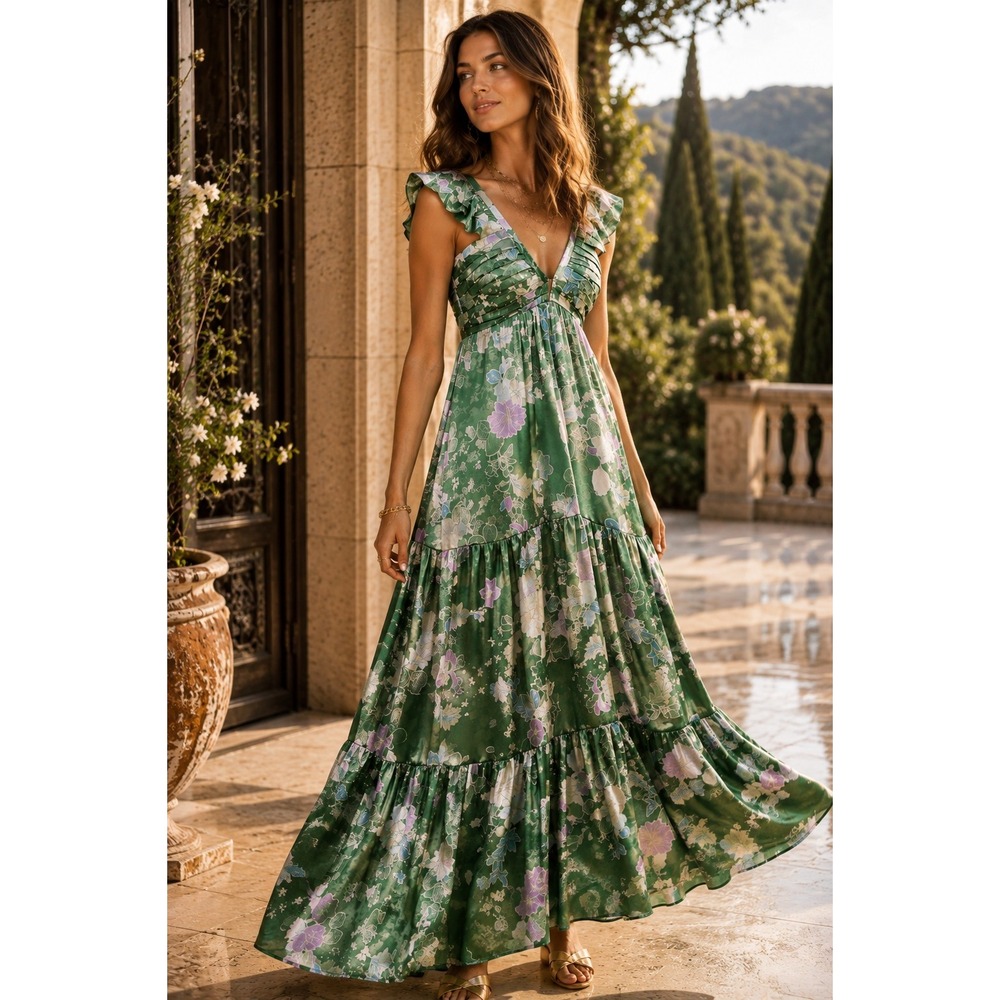 Heartloom Floral Ruffle Tiered Cutout Back Boho Maxi Dress Green L